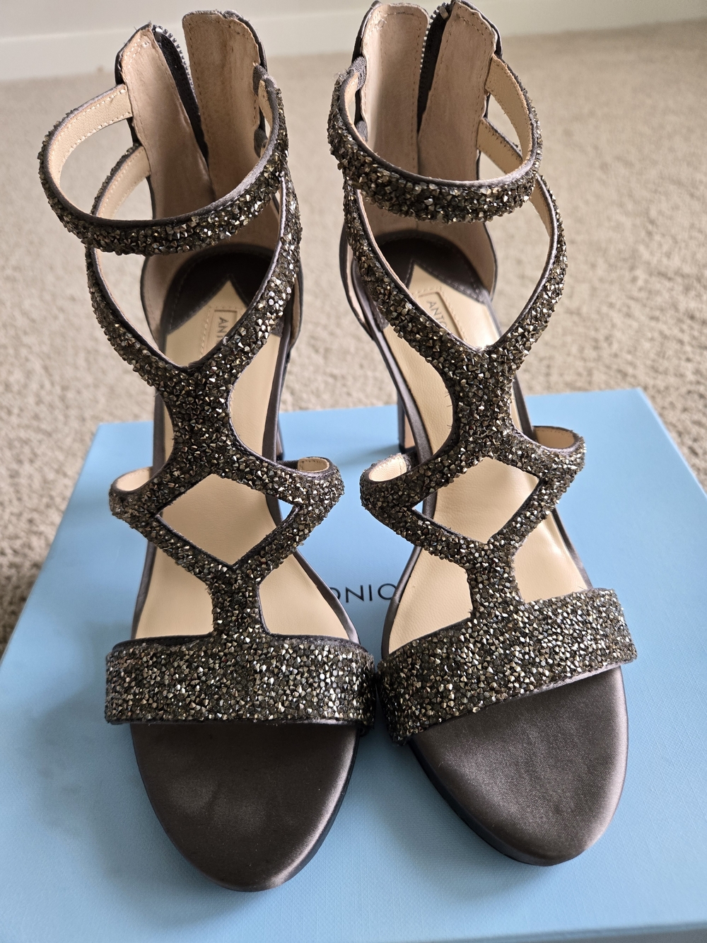 Antonio Melani Rhinestone Strappy Heels Size 8M Gunmetal Glitter Evening Sandals
